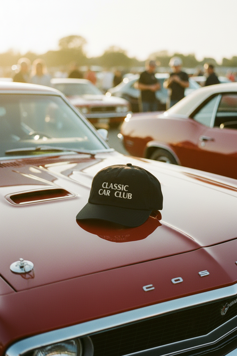 Classic Car Club Cotton Cap lifestyle shot - car meet