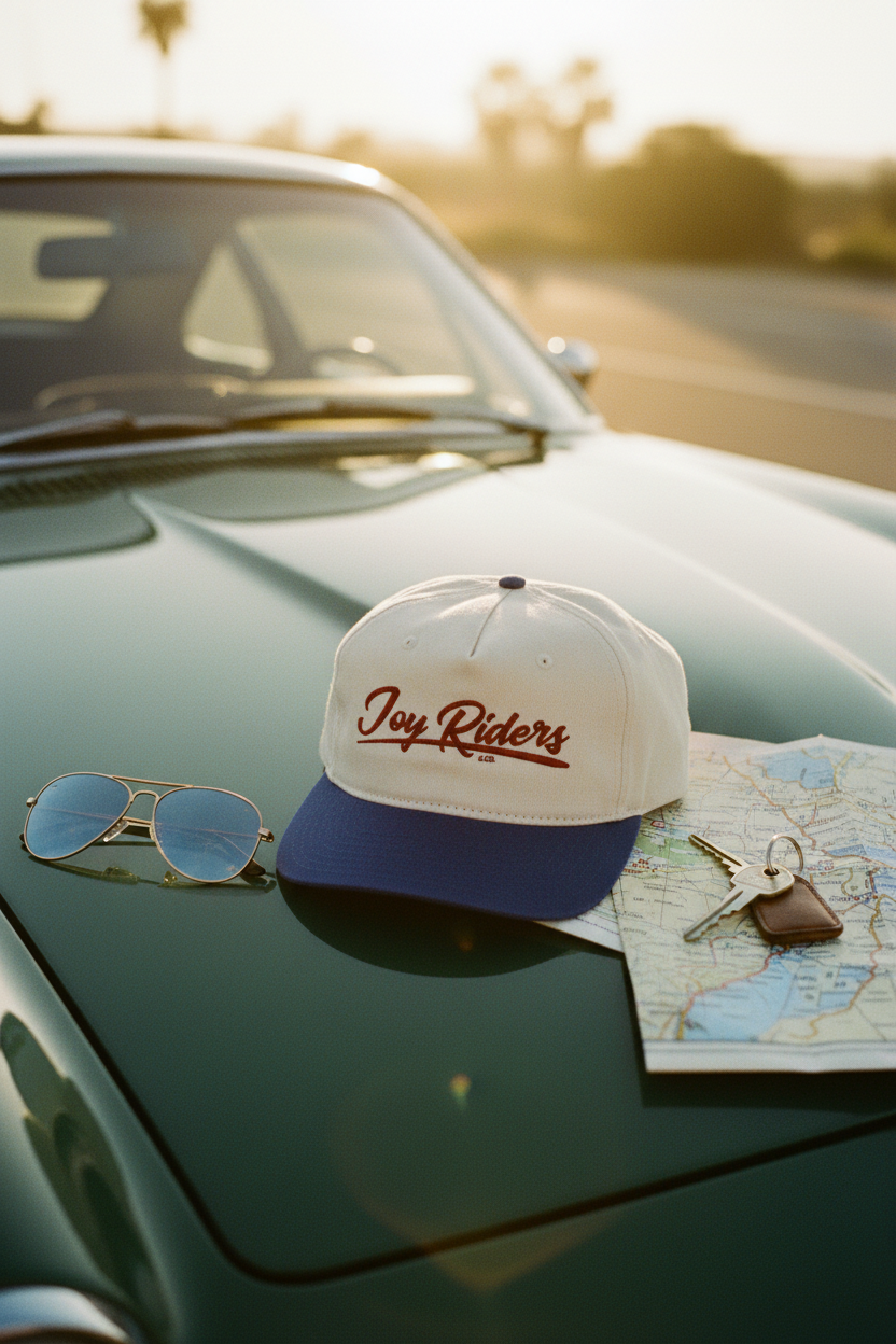 Joy Riders Cap Pinterest Pin - Road Trip Flat Lay